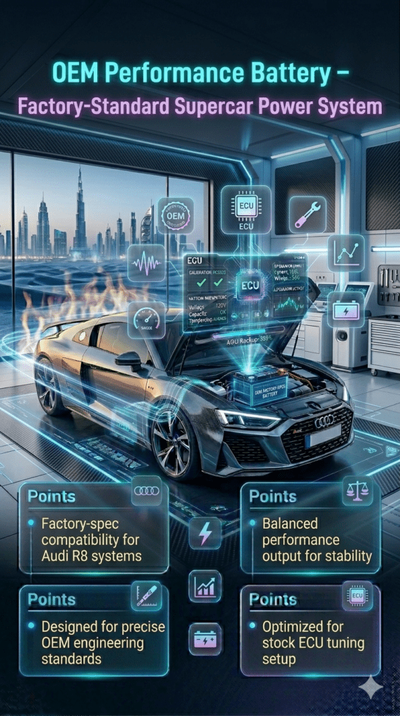 Premium infographic showing OEM performance battery for Audi R8 in UAE, highlighting factory-spec compatibility, balanced output, and stock ECU tuning design.