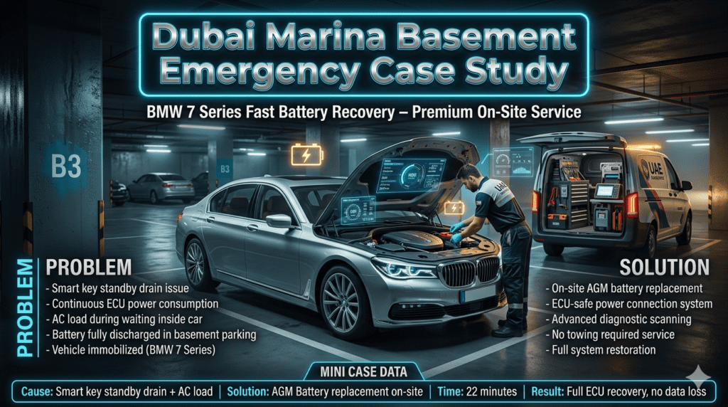 Case study infographic showing BMW 7 Series battery emergency in Dubai Marina basement parking with smart key drain issue and on-site AGM battery replacement service completed in 22 minutes.