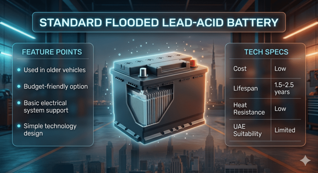 Infographic showing standard flooded lead-acid car battery with features, cost, lifespan, and UAE suitability displayed in a modern automotive guide layout.