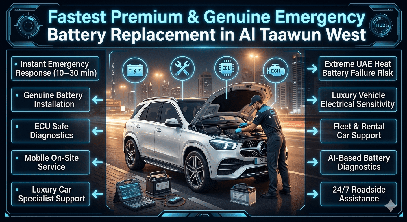 Luxury roadside emergency battery replacement service in Al Taawun West showing mobile mechanic replacing car battery in a premium SUV with ECU diagnostics and UAE city night background.