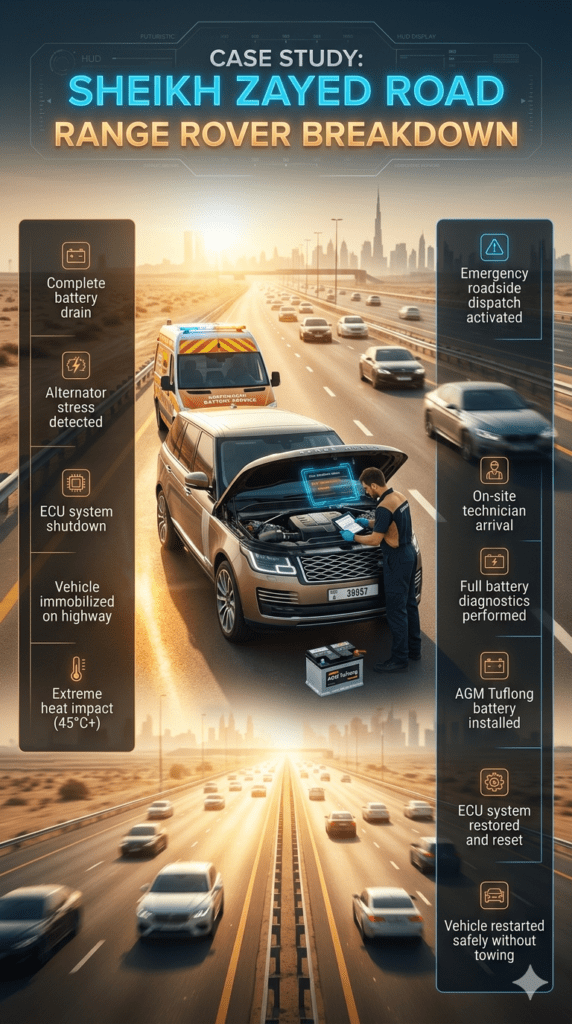 Range Rover SUV broken down on Sheikh Zayed Road in Dubai during extreme heat, with mobile technician performing emergency AGM battery replacement using Tuflong battery and diagnostic tools.
