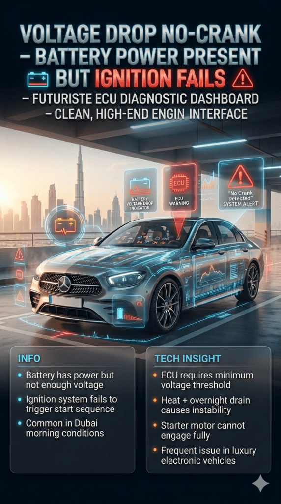 Car experiencing voltage drop no-crank issue in Dubai morning with partial battery power, ECU warning, and ignition failure diagnostic display.