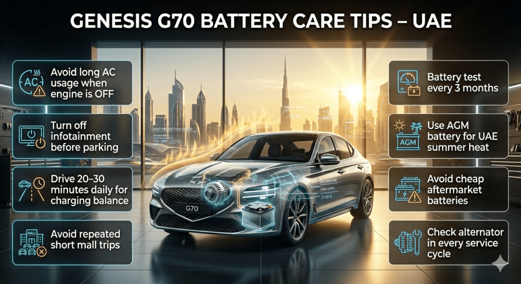 Genesis G70 Battery Care Tips in UAE – Luxury Car Maintenance Guide Luxury Genesis G70 battery care infographic in UAE showing maintenance tips like AC usage control, daily driving, AGM battery use, alternator check and battery testing schedule.