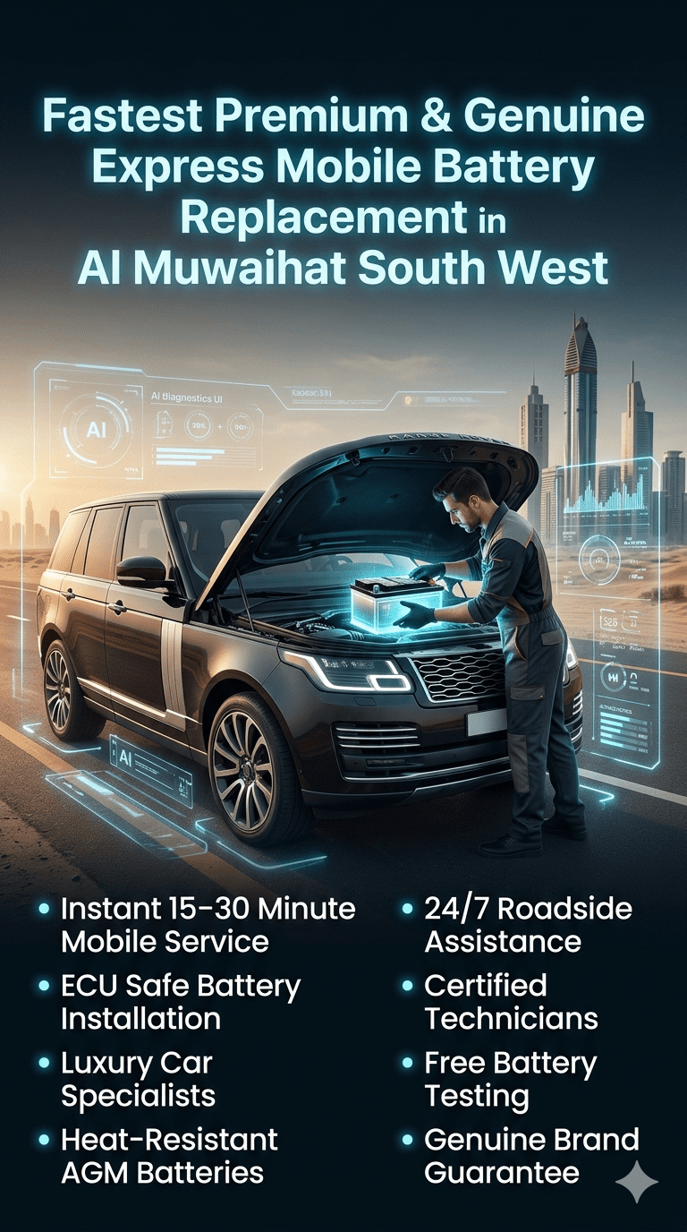 Luxury roadside mobile car battery replacement service in Al Muwaihat South West showing technician installing a premium battery in a modern SUV with infographic points and UAE automotive background.