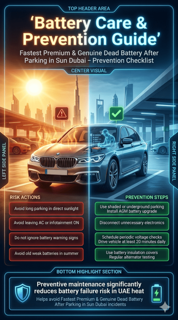 Car battery maintenance infographic showing prevention tips for avoiding battery failure after parking in direct sun in Dubai with heat protection and vehicle care checklist