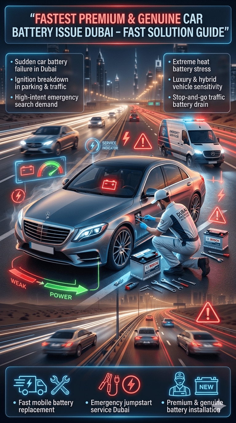 Luxury car battery emergency infographic in Dubai showing sudden failure, jumpstart service, and fast premium battery replacement solution under extreme heat conditions.