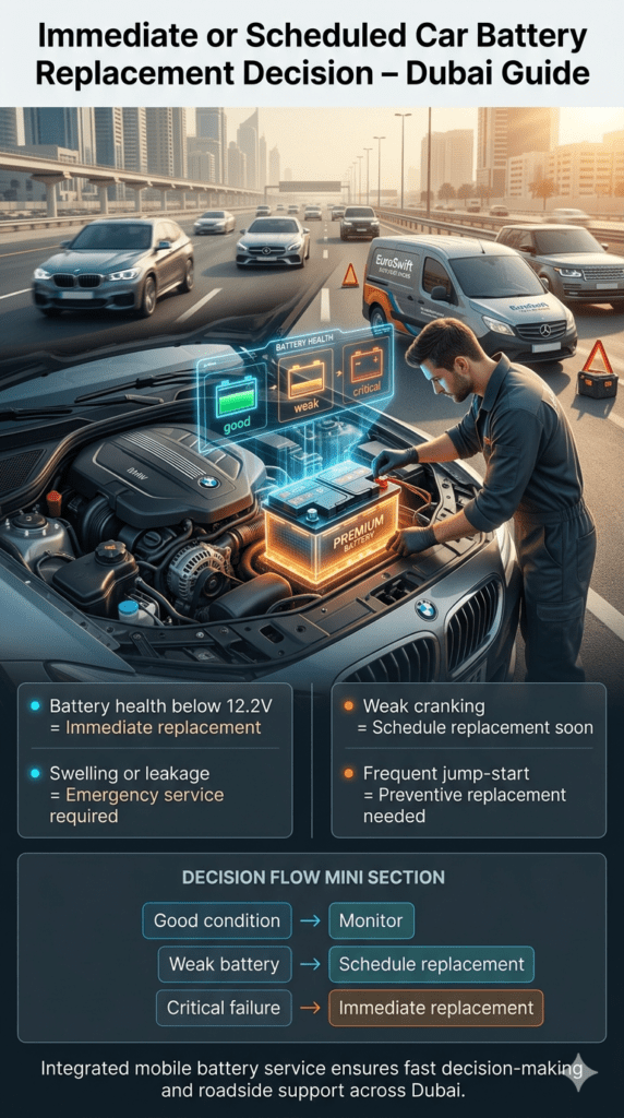 Premium automotive infographic showing immediate vs scheduled car battery replacement decision process in Dubai with a mobile service technician and diagnostic UI overlays.