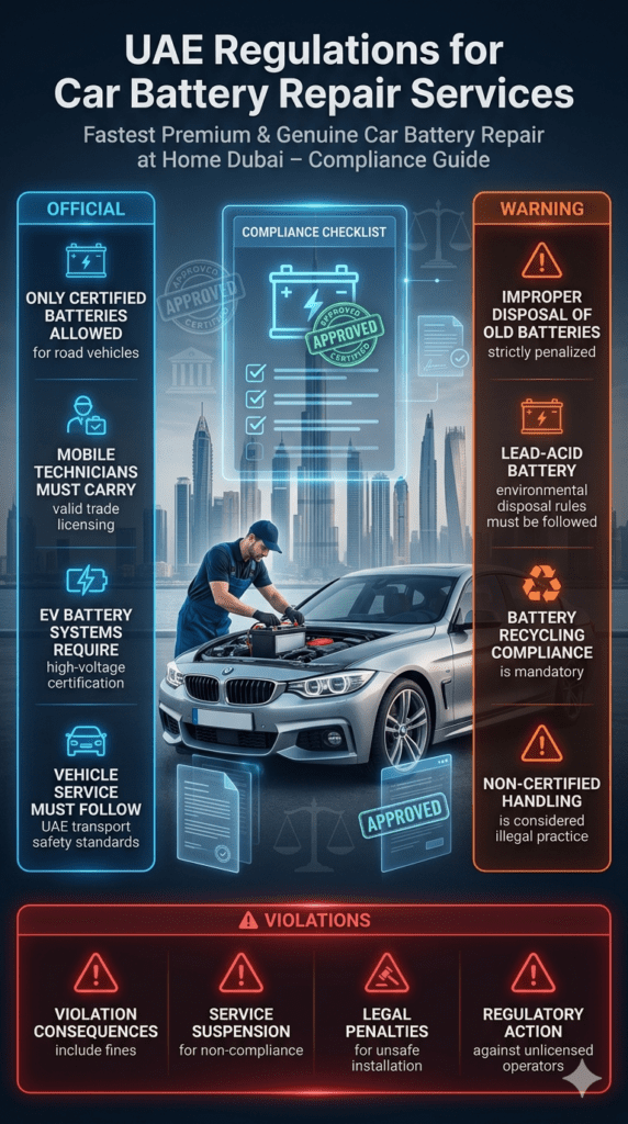 Mobile car battery repair technician in Dubai working under UAE compliance regulations showing certified service, safety rules, and environmental disposal guidelines.