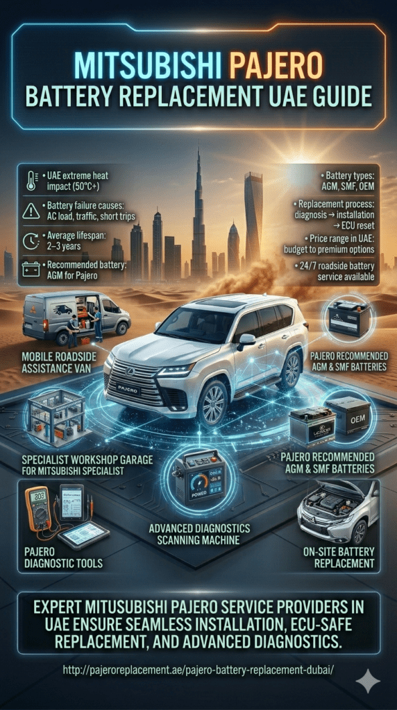 A premium infographic showing Mitsubishi Pajero battery replacement guide in UAE with Dubai skyline background, desert heat visuals, and structured technical panels explaining battery types, lifespan, and replacement process.