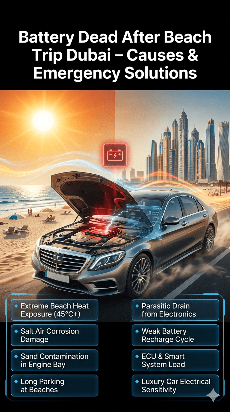 Premium automotive infographic showing car battery failure after beach trip in Dubai, highlighting heat exposure, salt corrosion, sand damage, and electrical drain in luxury vehicles.