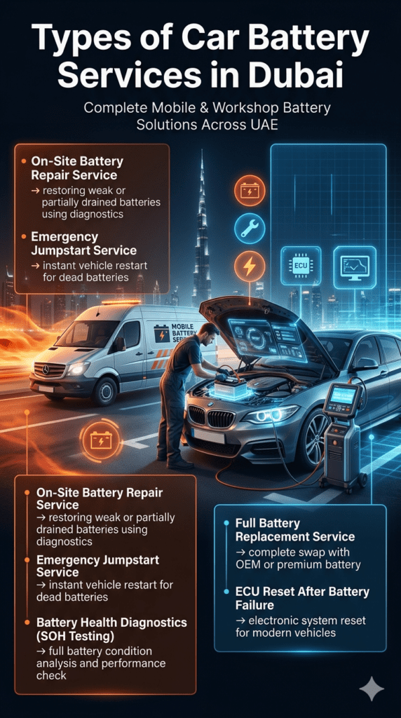 Mobile car battery service in Dubai showing on-site repair, jumpstart assistance, ECU reset, and battery diagnostics performed on luxury vehicles with city skyline background.