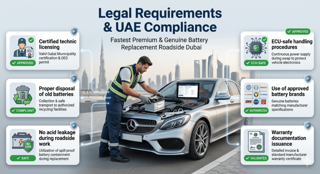 Legal Requirements & UAE Compliance for Roadside Battery Replacement Services Professional roadside battery replacement in Dubai highlighting UAE compliance rules including certified technicians, ECU-safe handling, approved batteries, and safe disposal procedures.