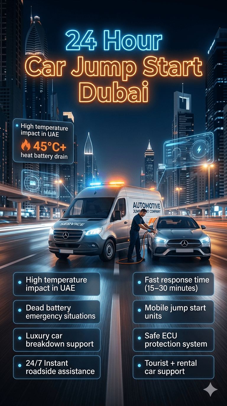 24 hour car jump start Dubai emergency roadside service showing technician boosting a luxury car battery with neon city background and infographic panels highlighting key service benefits.