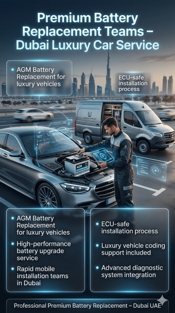 Premium battery replacement team installing AGM car battery in luxury vehicle with ECU coding support and diagnostic tools in Dubai service environment.