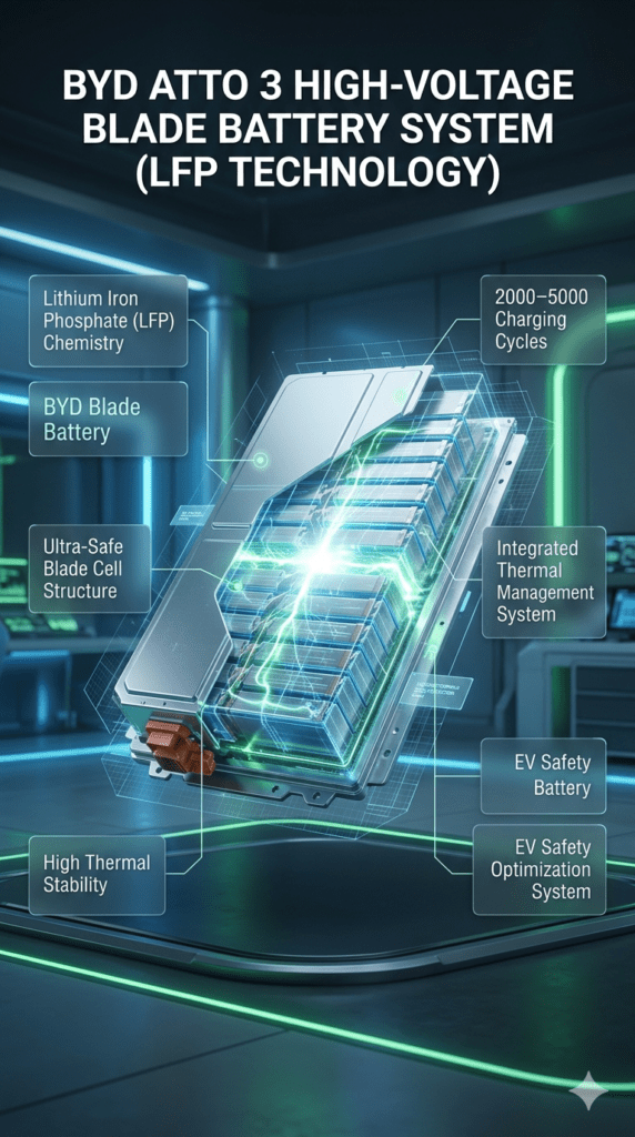 BYD Atto 3 Blade Battery (High-Voltage LFP System) β UAE EV Technology Guide Futuristic infographic showing BYD Atto 3 Blade Battery high-voltage system with central glowing battery core and side panels explaining LFP chemistry, safety structure, thermal stability, cycle life, and cooling system.