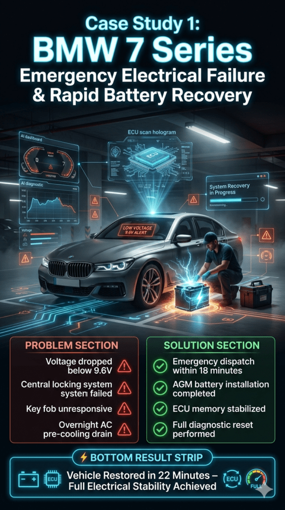 BMW 7 Series Emergency Battery Failure Case Study – Fast Mobile AGM Replacement in Dubai BMW 7 Series emergency battery failure case study showing low voltage breakdown in Dubai basement parking with mobile AGM battery replacement and full system recovery.
