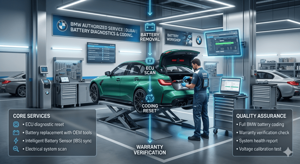 BMW workshop-based battery replacement service showing technician performing ECU diagnostic reset and battery coding inside a luxury automotive garage.