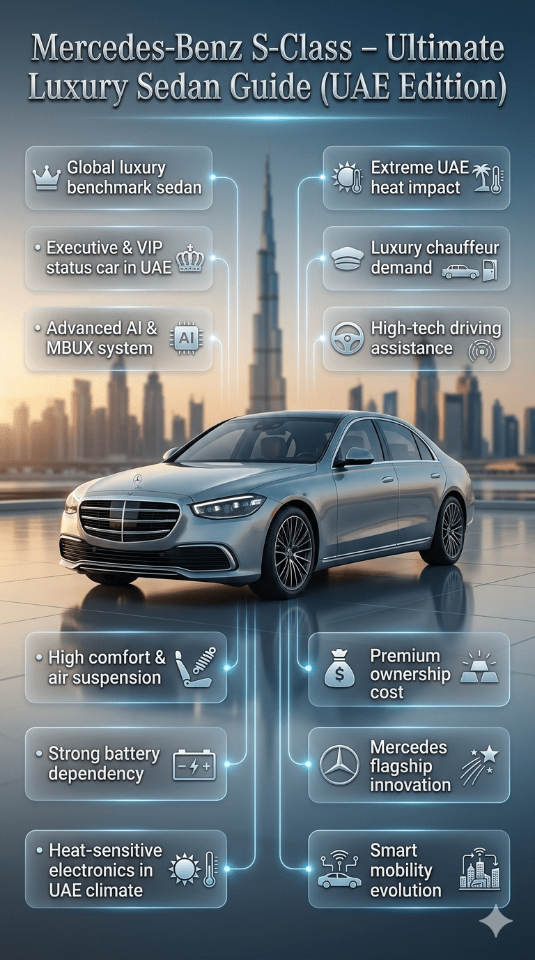 Luxury infographic showing Mercedes-Benz S-Class centered in Dubai skyline with floating side panels highlighting UAE usage, features, and ownership insights.