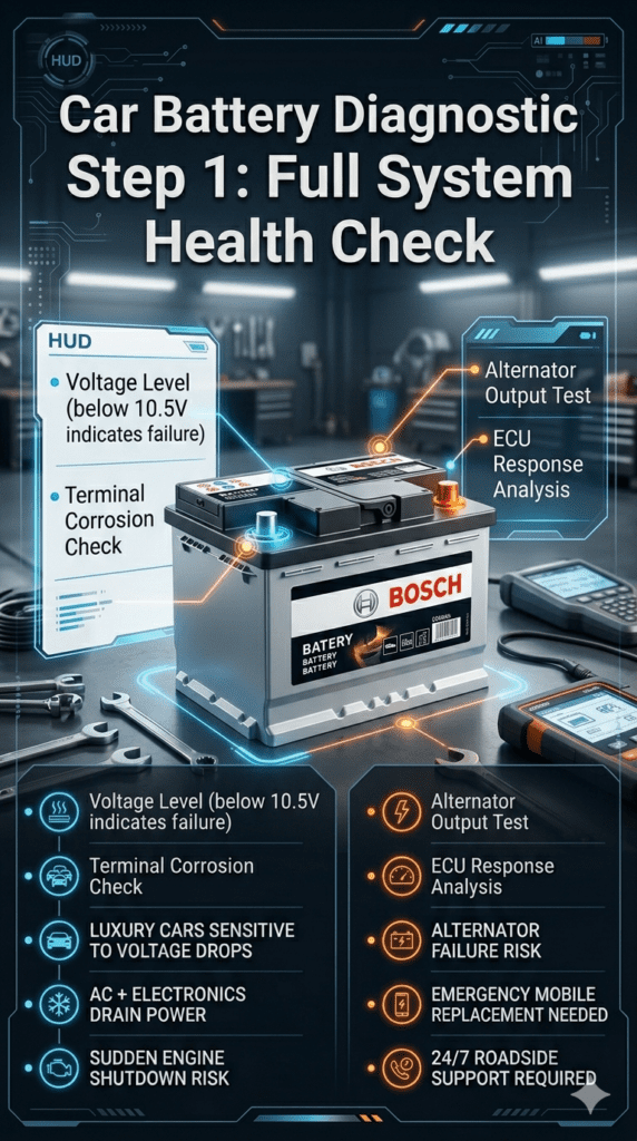 Car Battery Diagnostic Step 1: Full System Health Check Car battery diagnostic step showing technician checking voltage level, terminal corrosion, alternator output, and ECU response in a professional automotive workshop infographic.