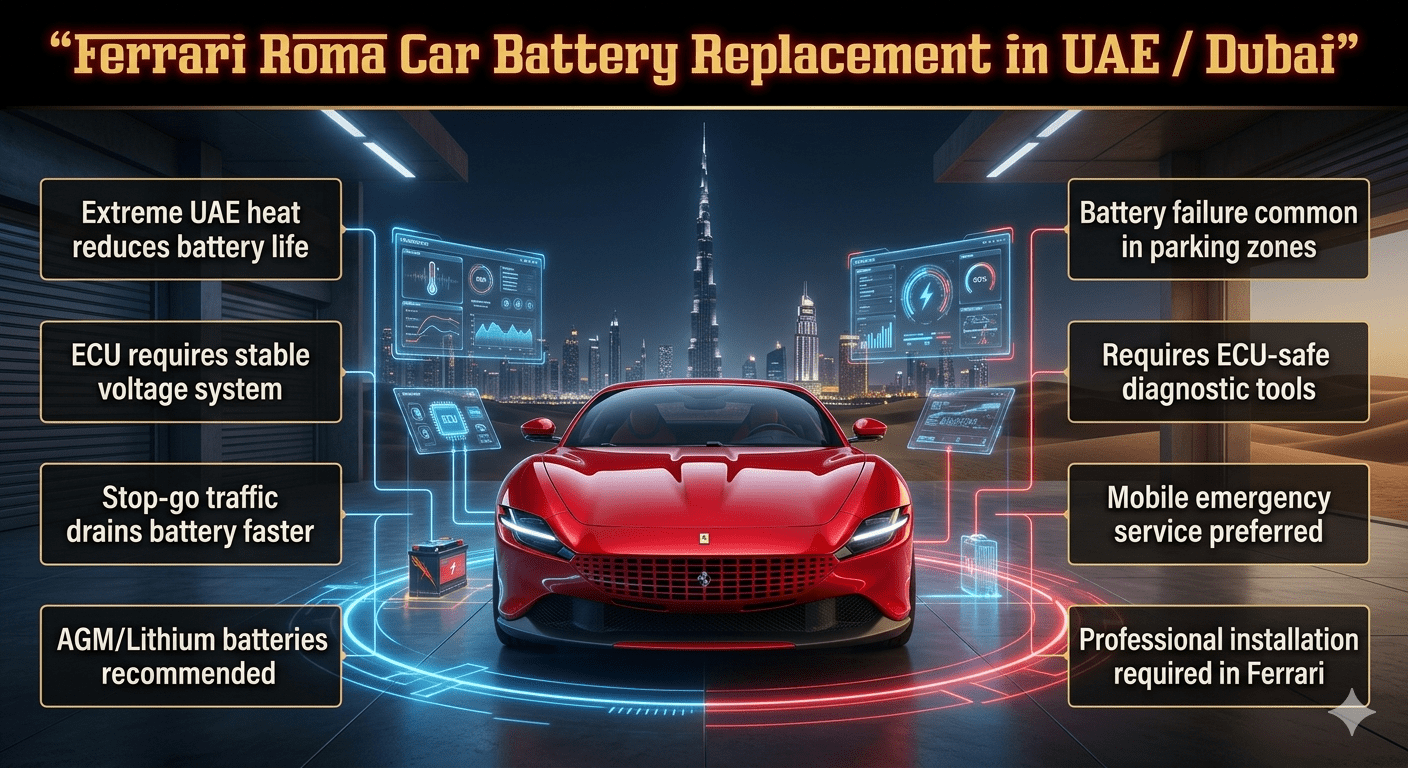 Ferrari Roma luxury car displayed in a futuristic Dubai garage environment with battery diagnostic glow effects and informational side panels about car battery replacement in UAE heat conditions.