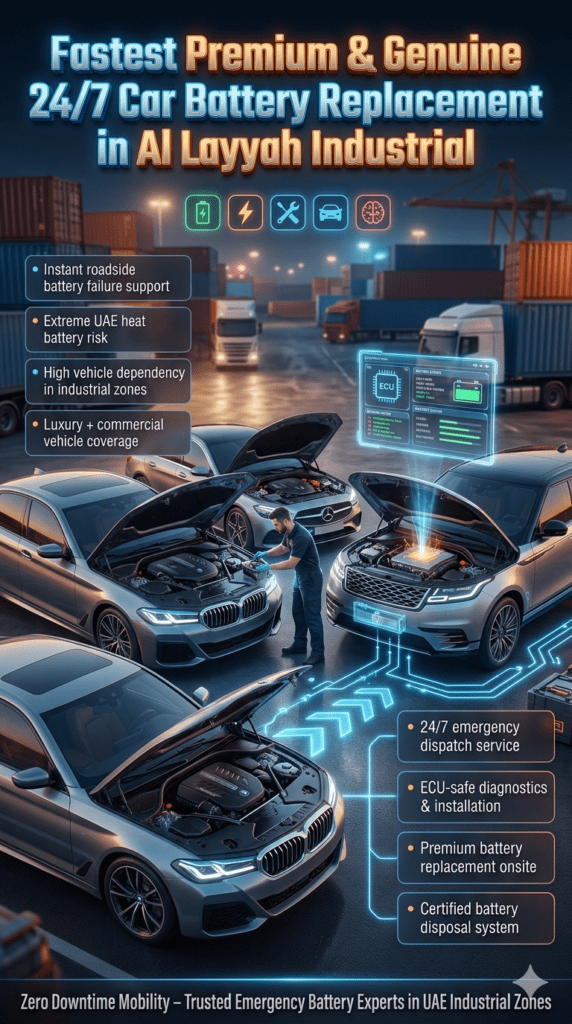 24/7 emergency car battery replacement in Al Layyah Industrial showing luxury vehicle with technician installing battery and UAE industrial background with service highlights.