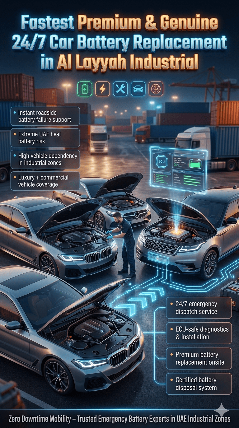 24/7 emergency car battery replacement in Al Layyah Industrial showing luxury vehicle with technician installing battery and UAE industrial background with service highlights.