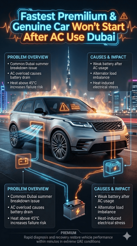 Luxury Dubai automotive infographic showing battery overload failure caused by heavy AC usage with low voltage warning, futuristic HUD diagnostics, and premium vehicle scene.