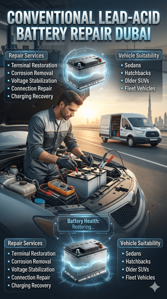 Conventional Lead-Acid Battery Repair โ Fast Emergency Service Guide Dubai Conventional lead-acid car battery repair in Dubai showing a technician restoring battery terminals and fixing corrosion in a roadside emergency service for older vehicles.