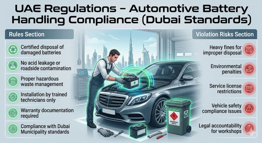 Premium automotive compliance infographic showing Dubai UAE battery handling regulations with certified technician installation, eco-safe disposal, and warning icons for violations in a luxury workshop environment.