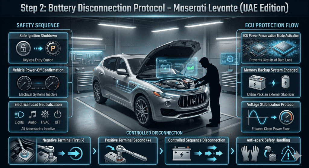 Luxury Maserati Levante battery disconnection protocol infographic showing safe ignition shutdown, ECU power preservation, and controlled terminal disconnection in Dubai workshop environment.