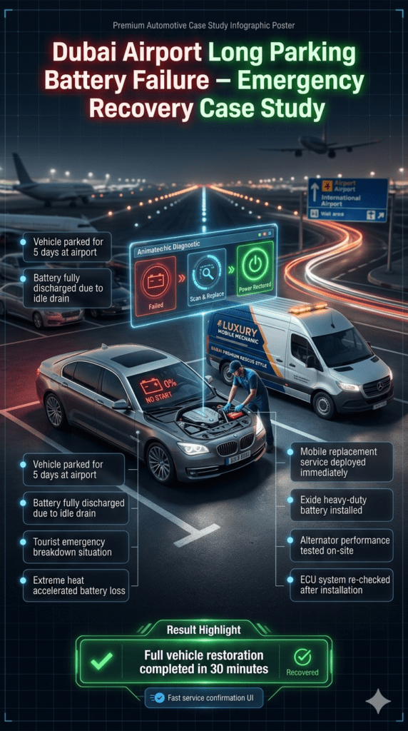 Dubai airport long parking car battery failure case study showing mobile replacement service, Exide battery installation, and full vehicle recovery in 30 minutes.