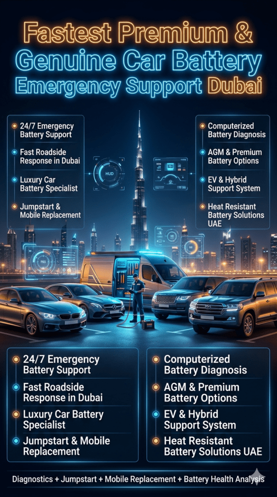 Luxury Dubai roadside car battery emergency service infographic showing premium vehicles, technician replacing battery, and infographic points highlighting 24/7 emergency support, diagnostics, and mobile battery replacement services.
