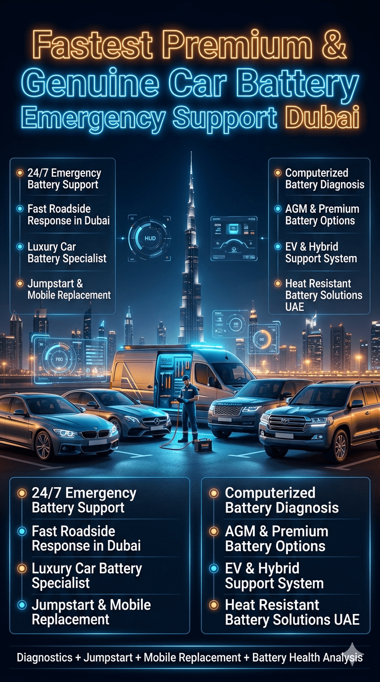 Luxury Dubai roadside car battery emergency service infographic showing premium vehicles, technician replacing battery, and infographic points highlighting 24/7 emergency support, diagnostics, and mobile battery replacement services.