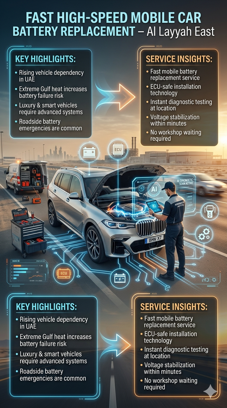 Fast high-speed car battery replacement service in Al Layyah East showing luxury vehicle, mobile technician, AI diagnostics, and roadside emergency support in extreme UAE heat conditions.