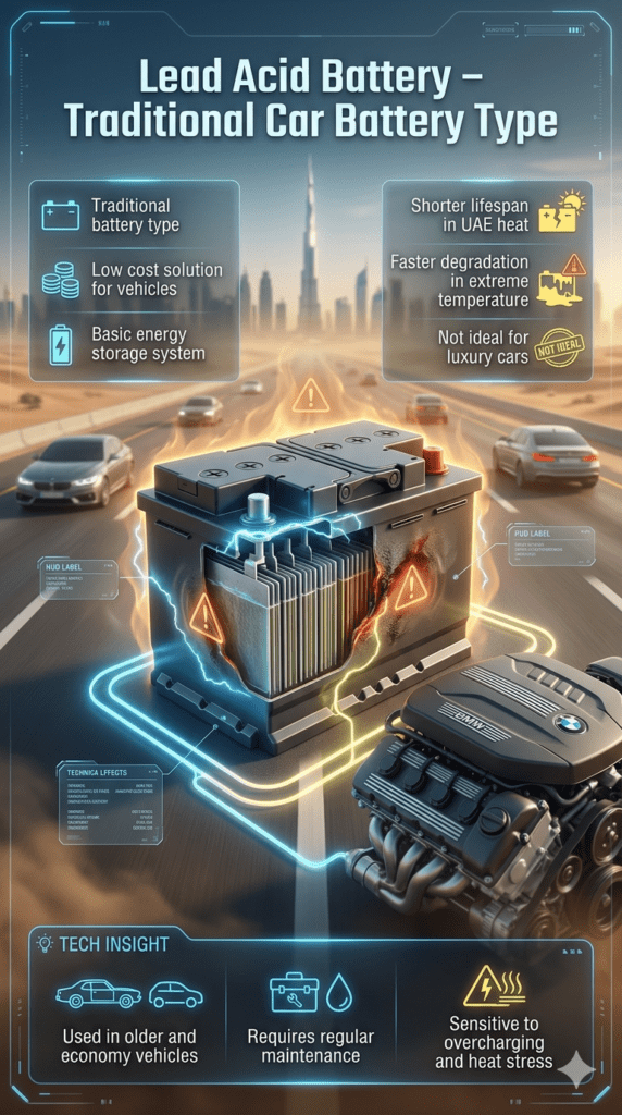 Lead acid car battery infographic showing traditional battery type, low cost structure, and reduced lifespan in UAE heat conditions with luxury automotive and Dubai environment visualization.