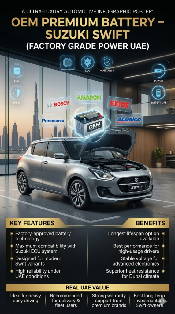 Suzuki Swift OEM premium battery infographic showing factory-approved battery brands, ECU compatibility, long lifespan performance, and luxury Dubai automotive workshop environment.