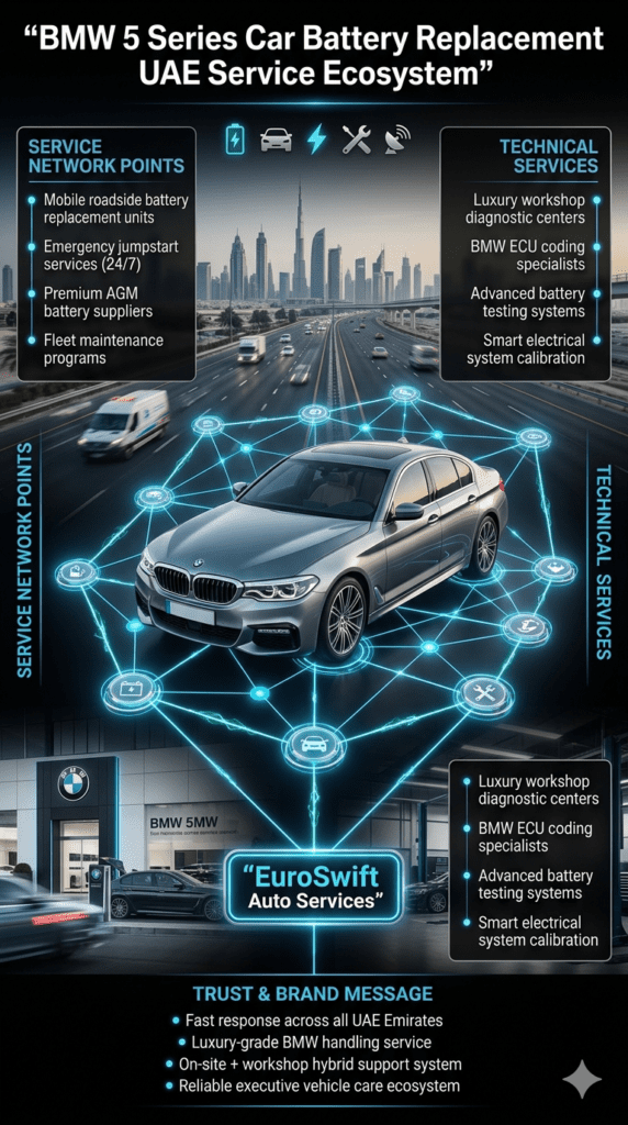 Infographic showing BMW 5 Series battery replacement service ecosystem in UAE, including mobile roadside units, workshop diagnostics, ECU coding specialists, jumpstart services, and premium battery suppliers connected in a smart network.