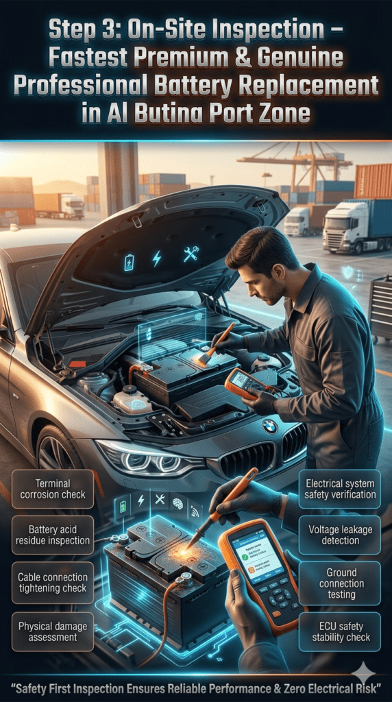 Luxury car battery on-site inspection in Al Butina Port Zone showing technician checking corrosion and performing electrical safety verification with digital diagnostic tools.