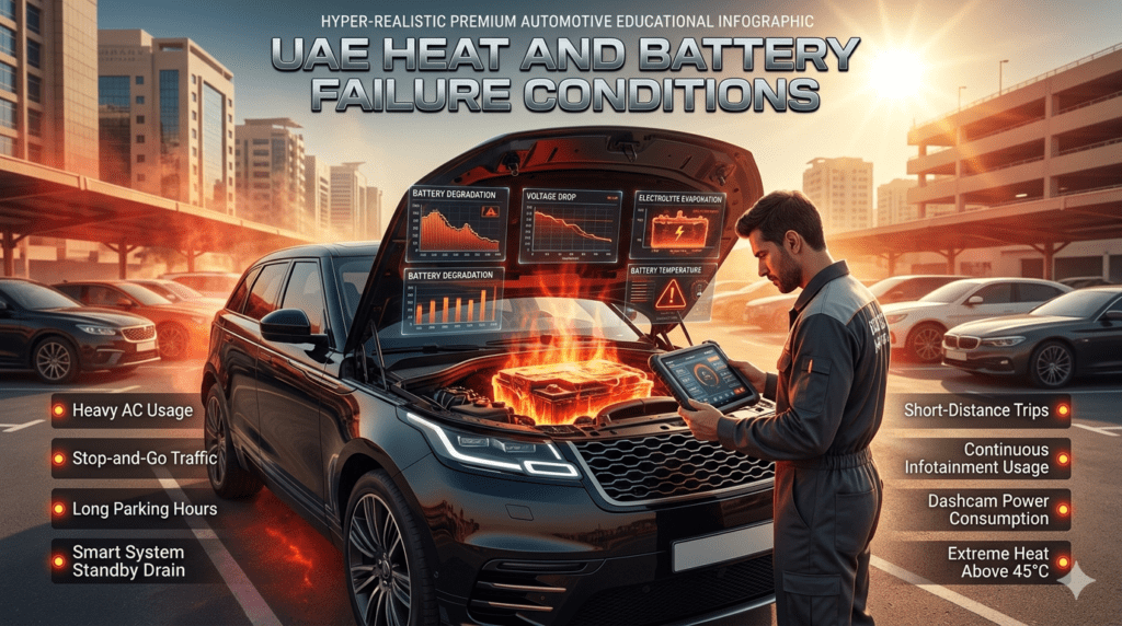 UAE Heat and Battery Failure Conditions for Luxury Vehicles Luxury car battery overheating in UAE extreme heat showing battery failure conditions, AI diagnostics, heat stress effects, and common automotive battery drain factors.