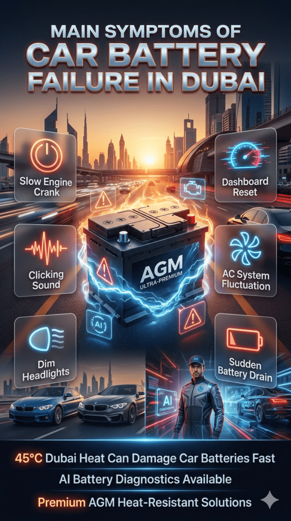 Premium automotive infographic showing major car battery failure symptoms in Dubai including slow engine crank, clicking sounds, dim headlights, dashboard reset, AC fluctuation, and sudden battery drain.