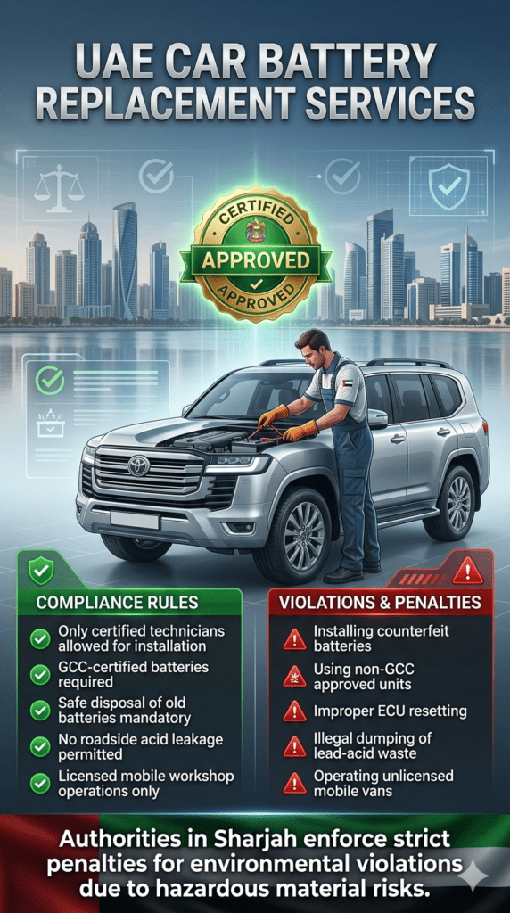 UAE car battery replacement compliance infographic showing certified technician installation rules, GCC battery requirements, safe disposal regulations, and violation warnings in Sharjah.