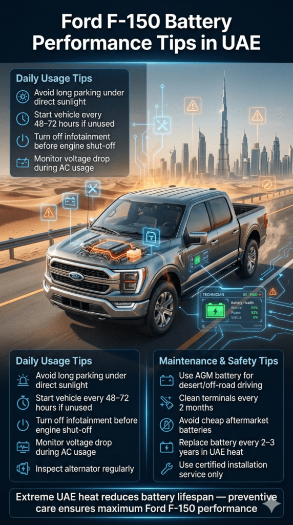 Ford F-150 battery performance tips infographic showing UAE heat impact, maintenance advice, AGM battery usage, and preventive care recommendations for optimal vehicle reliability.