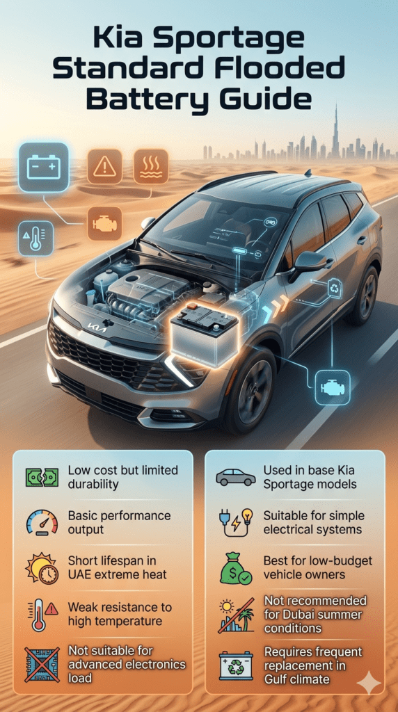 Kia Sportage standard flooded battery infographic showing central SUV engine battery, left side limitations including short lifespan and heat issues, right side usage details for base models with modern UAE automotive background.