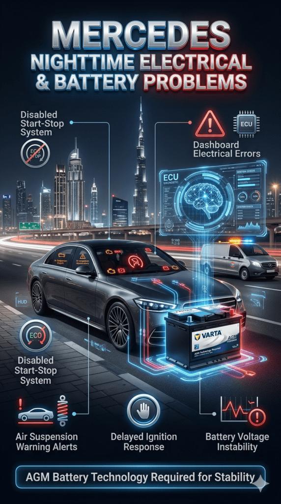 Luxury Mercedes-Benz at night in Dubai showing battery-related electrical issues including start-stop failure, air suspension warnings, dashboard errors, and delayed ignition response.