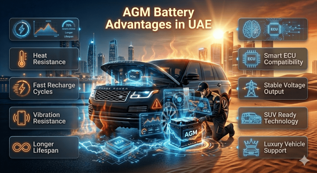 Premium AGM battery infographic showing luxury SUV, smart ECU technology, heat resistance, and advanced battery performance features for UAE driving conditions.