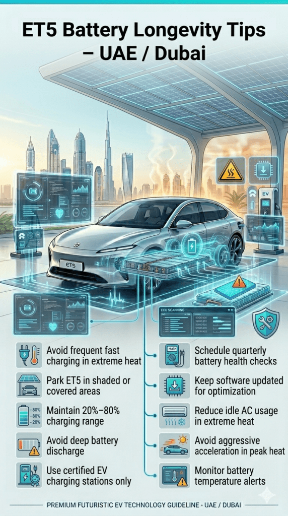 Infographic showing ET5 battery longevity tips in UAE Dubai including charging habits, heat protection, software updates, and EV battery care in a futuristic electric vehicle environment.