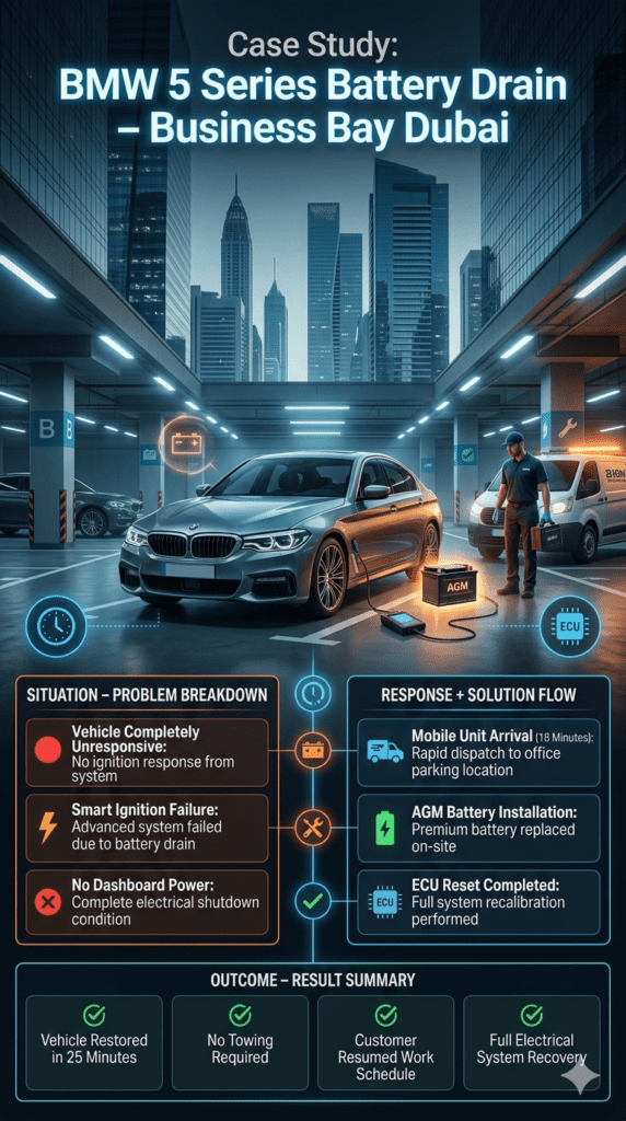 Luxury BMW 5 Series battery drain case study in Dubai Business Bay showing emergency mobile battery replacement, diagnostics, ECU reset, and rapid vehicle recovery.