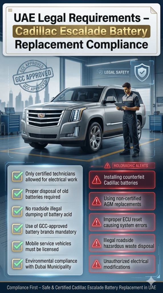 Luxury compliance infographic showing UAE legal requirements for Cadillac Escalade battery replacement, including certified technician rules, GCC approved batteries, environmental regulations, and violations in a premium Dubai workshop setting.