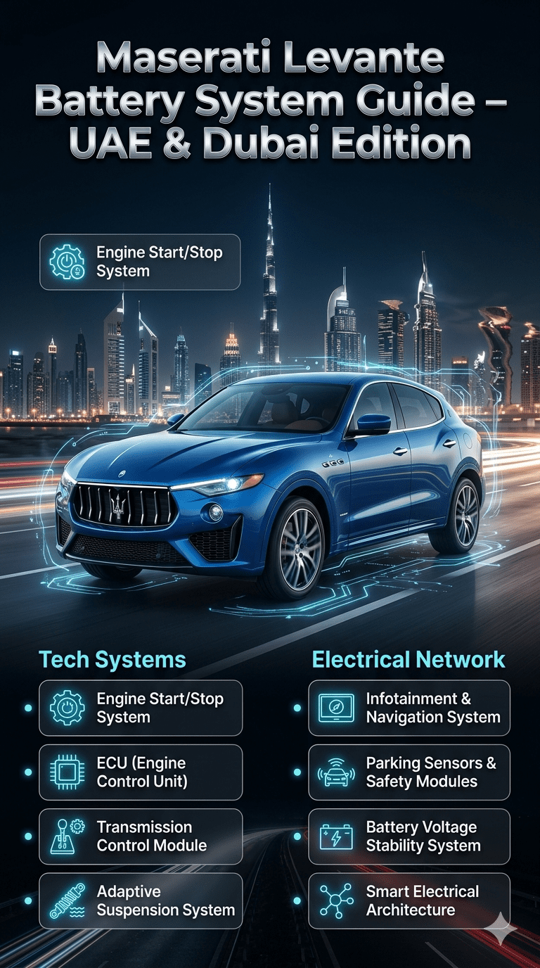 Luxury Maserati Levante battery system infographic showing ECU, transmission, suspension, and smart electrical modules in a futuristic Dubai automotive environment.