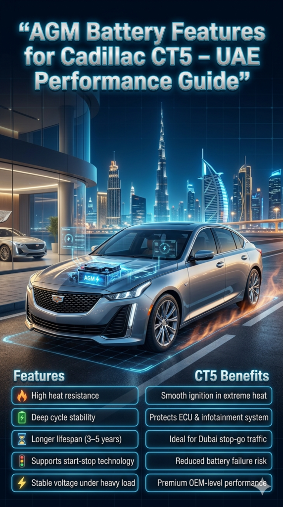 Luxury infographic showing Cadillac CT5 AGM battery features with Dubai skyline background, highlighting heat resistance, long lifespan, and start-stop technology performance.